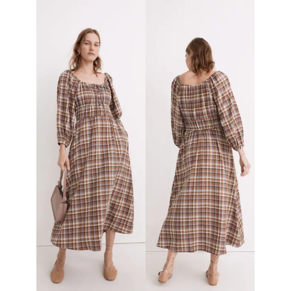 Madewell Gauze Sophia Midi Dress Plaid Forage Brown Check Abbott Elementary Lrg